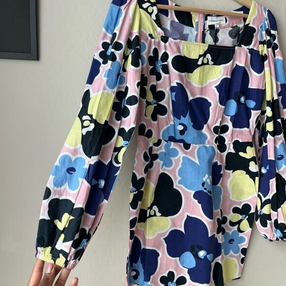 NEW Alexandra Miro Floral Print Long Sleeve Square Neck Cotton Mini Dress XS - Picture 4 of 9